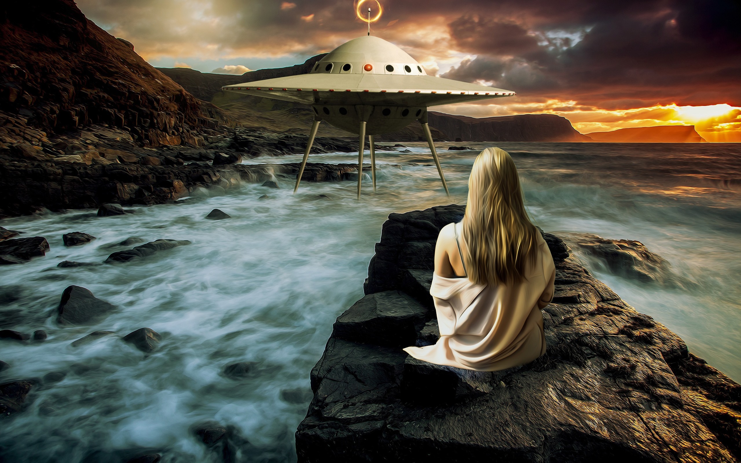 Wallpaper Girl, Ufo, Sea, Dusk - Fondos De Escritorio Ovni - HD Wallpaper 