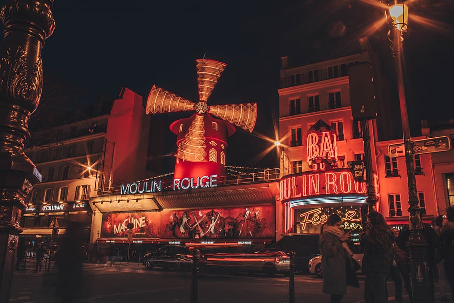 Moulin Rouge Building During Nighttime, Illuminated, - HD Wallpaper 