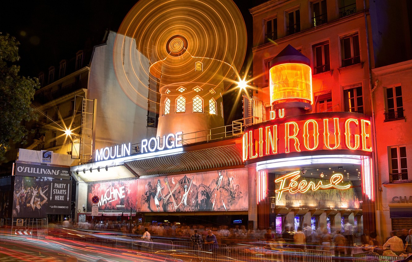 Photo Wallpaper Night, Lights, Paris, Cabaret, Moulin - Moulin Rouge - HD Wallpaper 