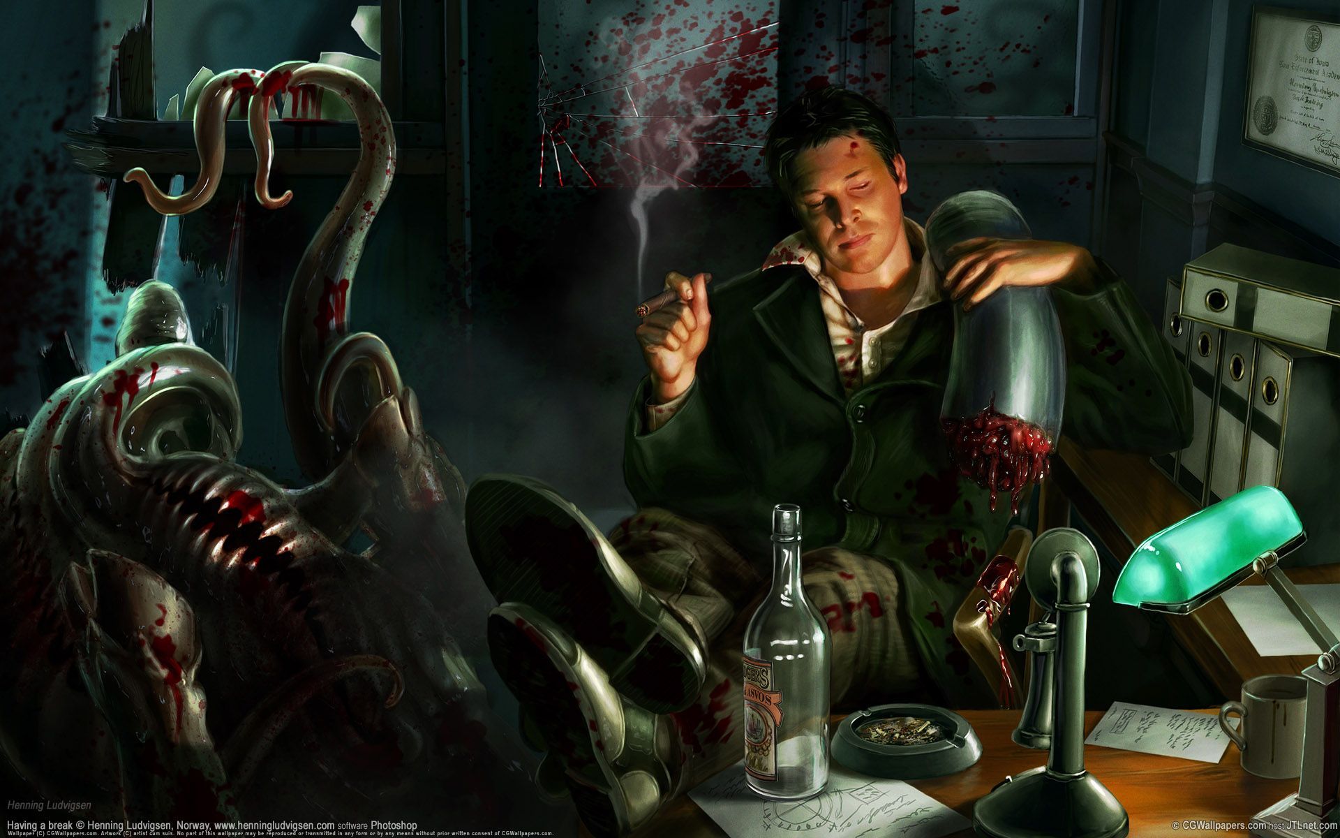 Figure, Monster, Blood, Office, Cigar - Call Of Cthulhu Art - HD Wallpaper 