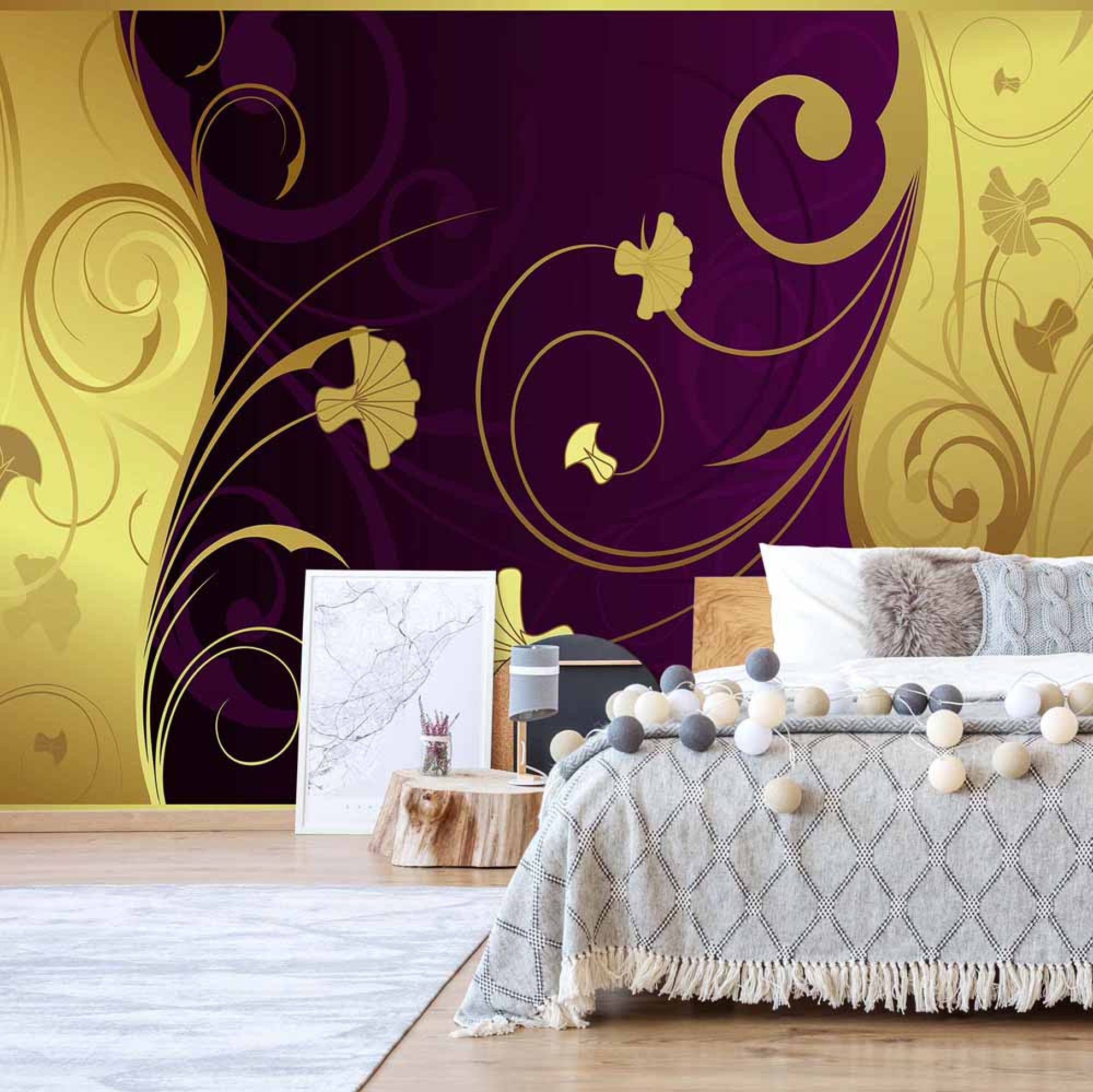 Luxury Gold And Purple Floral Swirl Design - Mural On Bedroom Wall - HD Wallpaper 