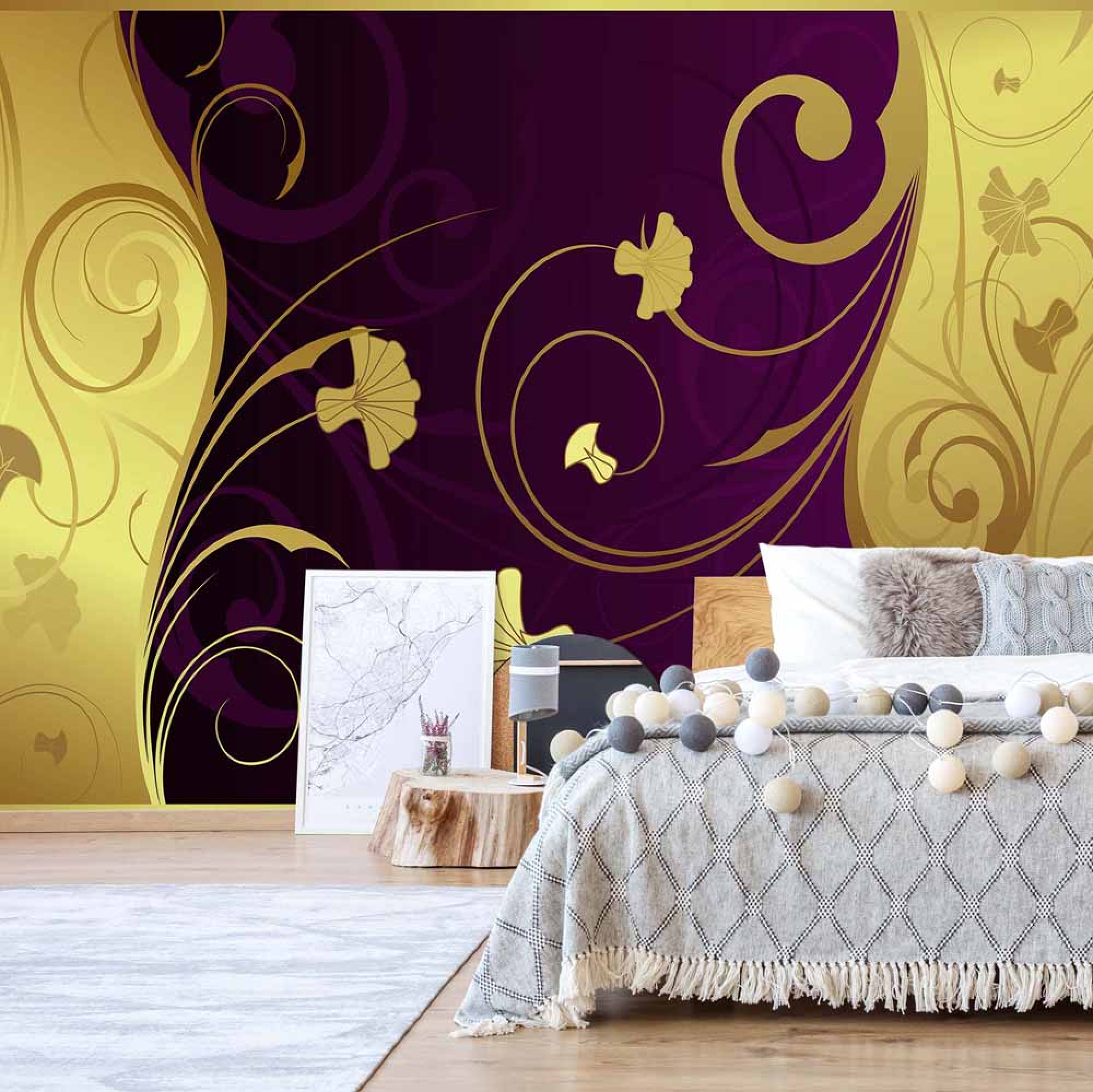 Luxury Gold And Purple Floral Swirl Design Mural On Bedroom Wall