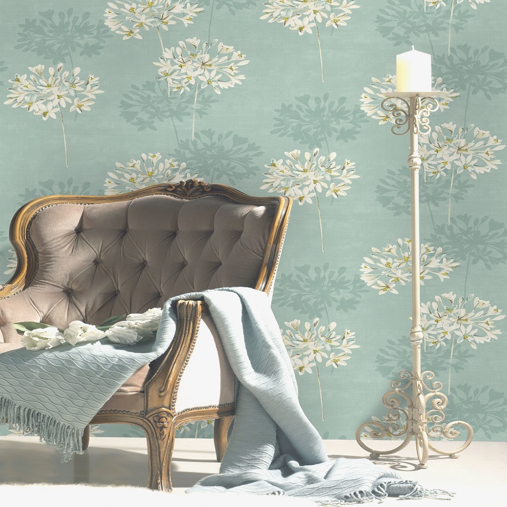 Teal Floral Wallpaper For Livingroom - HD Wallpaper 
