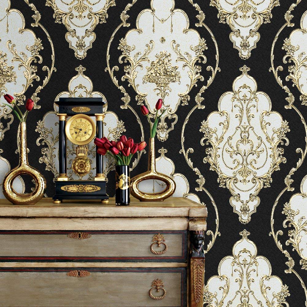 Black And Gold Damask - HD Wallpaper 