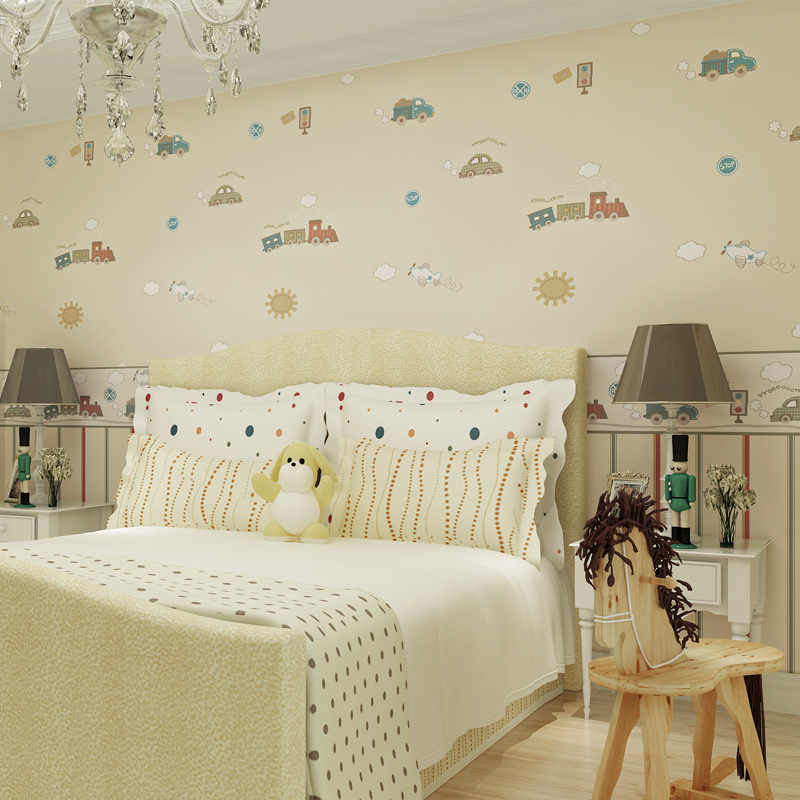 Cartoon Car Wall Paper For Kids Bedroom Blue,beige - Bedroom - HD Wallpaper 