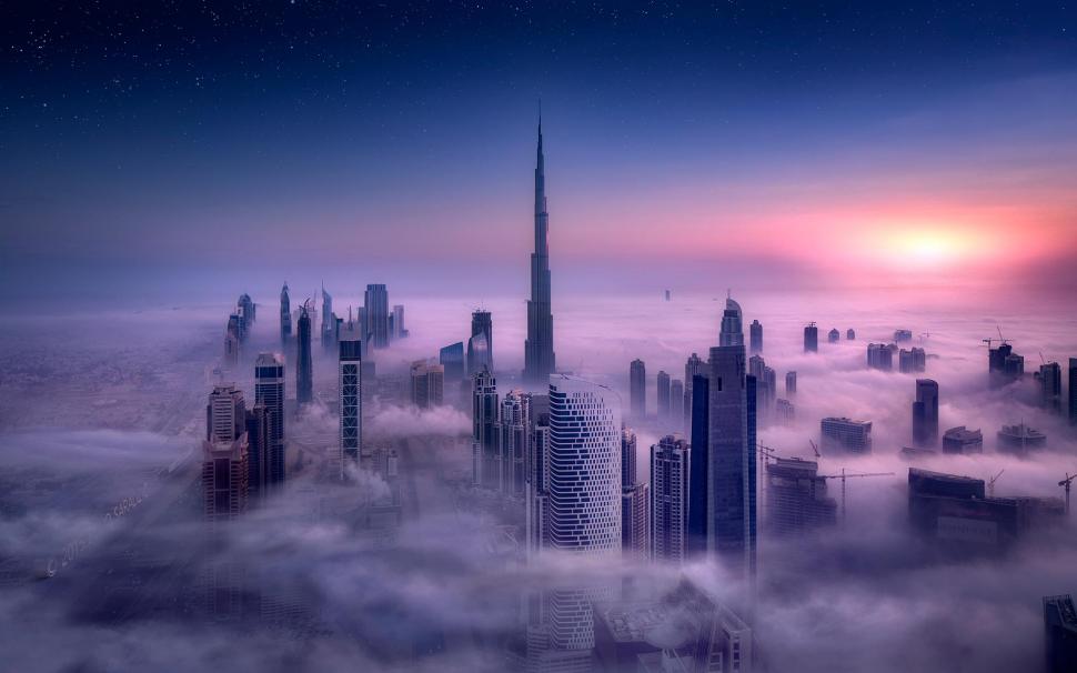 Cityscape, Burj Khalifa, Dubai, City, Sunrise, Mist, - HD Wallpaper 