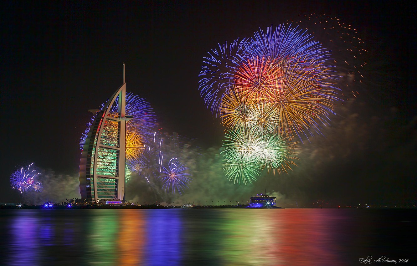 Photo Wallpaper Night, Lights, New Year, Dubai, Fireworks, - Burj Al Arab Fireworks - HD Wallpaper 