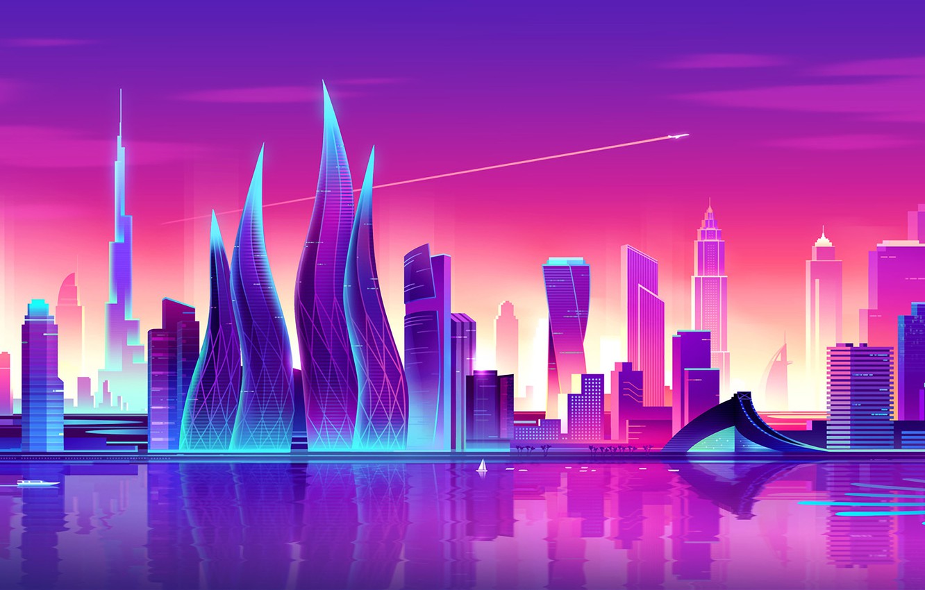 Photo Wallpaper Sunset, Vector, The City, Style, Skyscrapers, - Hong Kong Romain Trystram - HD Wallpaper 