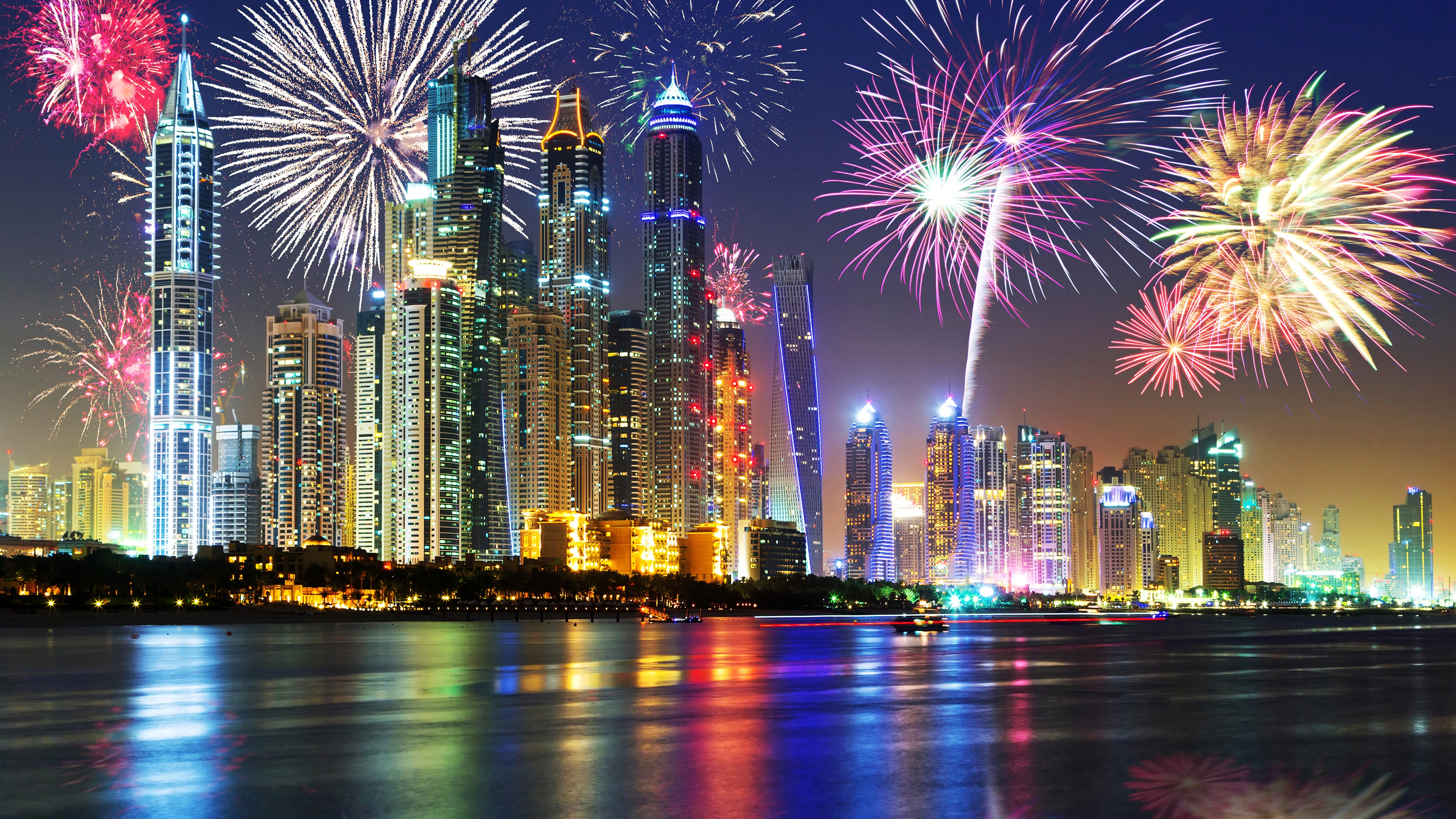Wallpaper Uae, Dubai, Beautiful Night, Waterfront, - Most Beautiful Fireworks In The World - HD Wallpaper 
