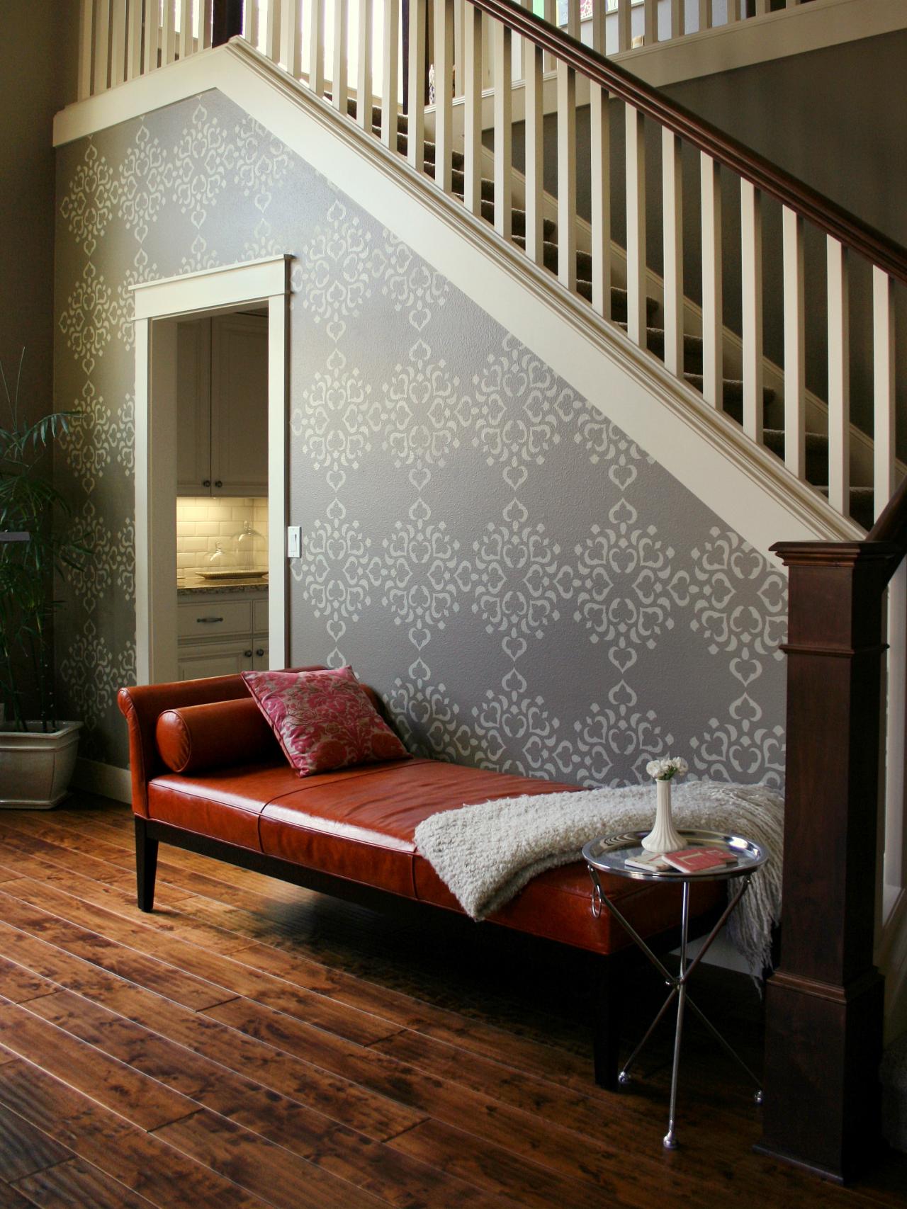 Striking Stenciled Staircase - Wall Stencils Living Room - HD Wallpaper 