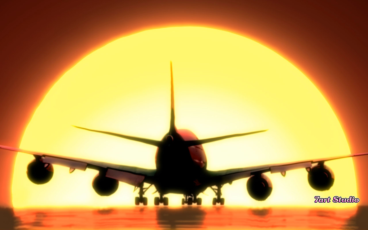 Airplane Landing In The Sunset - HD Wallpaper 