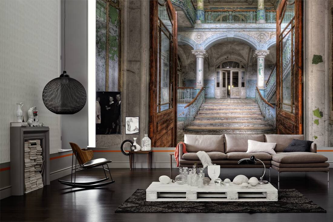 Livingwalls Photo Wallpaper Vintage Villa Entrance - Löwenkopf Bild Schwarz Weiß - HD Wallpaper 