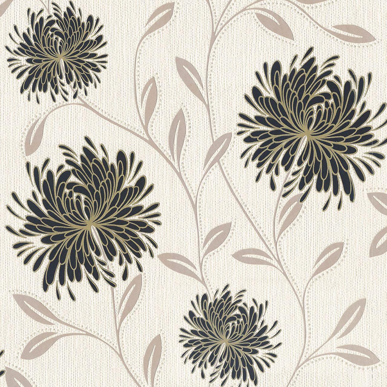 Download Flowers Wallpaper Floral Textured Vinyl Glitter Cream Black