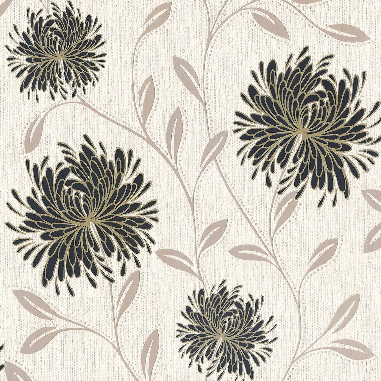 Flower Floral Luxury Textured Embossed Vinyl Wallpaper Glitter Cream Black Gold 