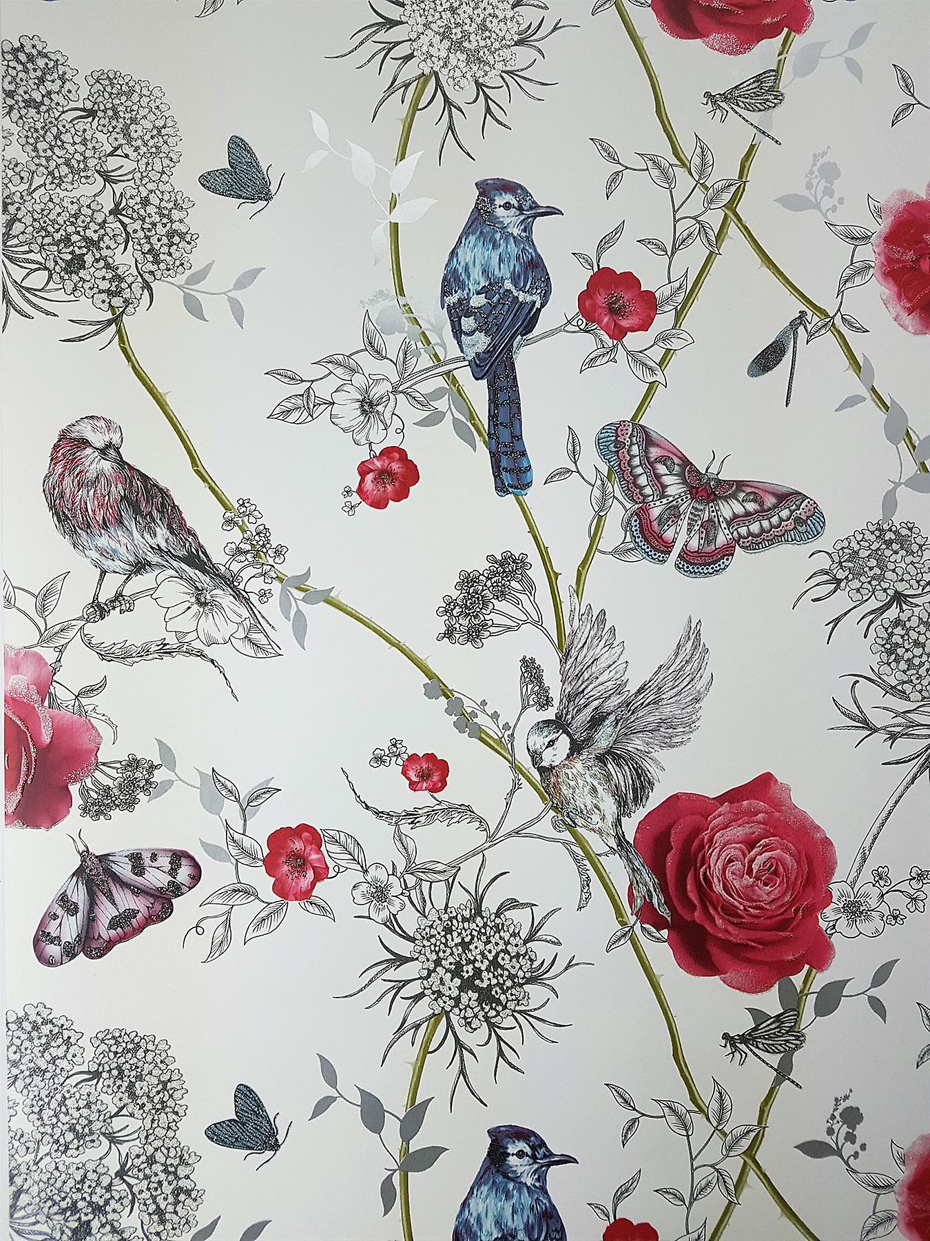 Paradise Garden Birds White Glitter Floral Wallpaper - English Floral Wallpaper Designs - HD Wallpaper 