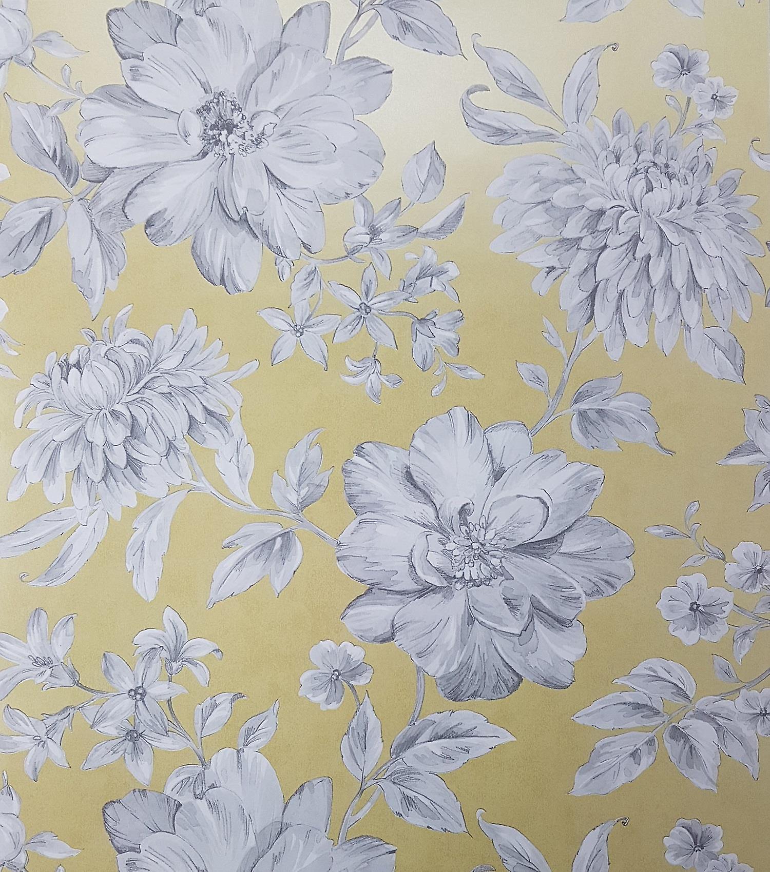 Yellow Floral Wallpaper White Grey Flowers Pearlescent Grey Floral