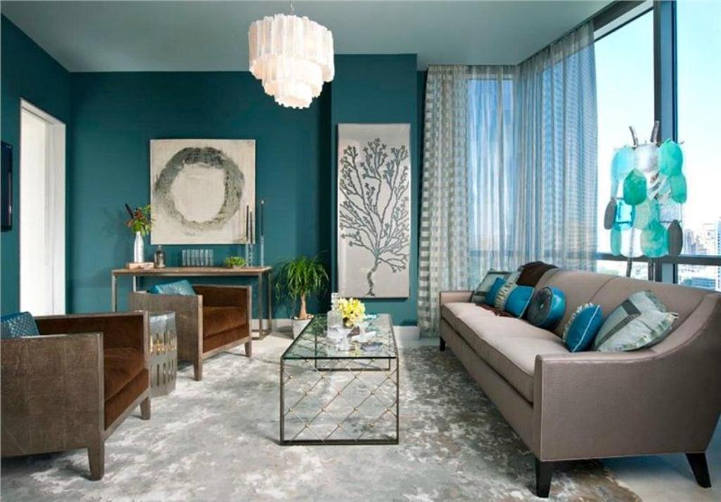 Grey And Peacock Blue Living Room - HD Wallpaper 