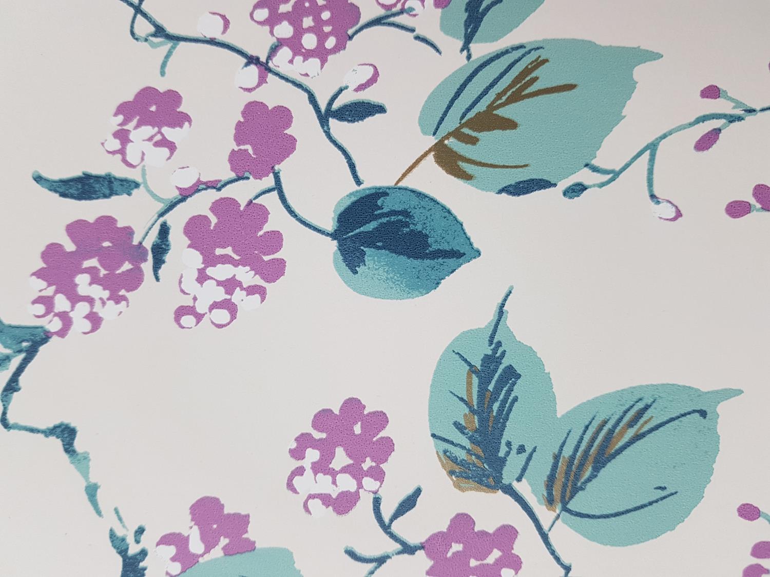 Fine Decor Mariko Floral Birds Wallpaper Mint Plum - Wallpaper - HD Wallpaper 