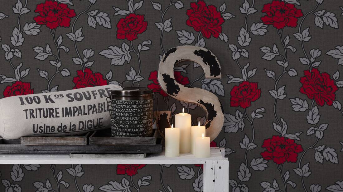 Création Wallpaper Flowers, Black, Metallic, Red, Silver - Creation 33594 4 - HD Wallpaper 