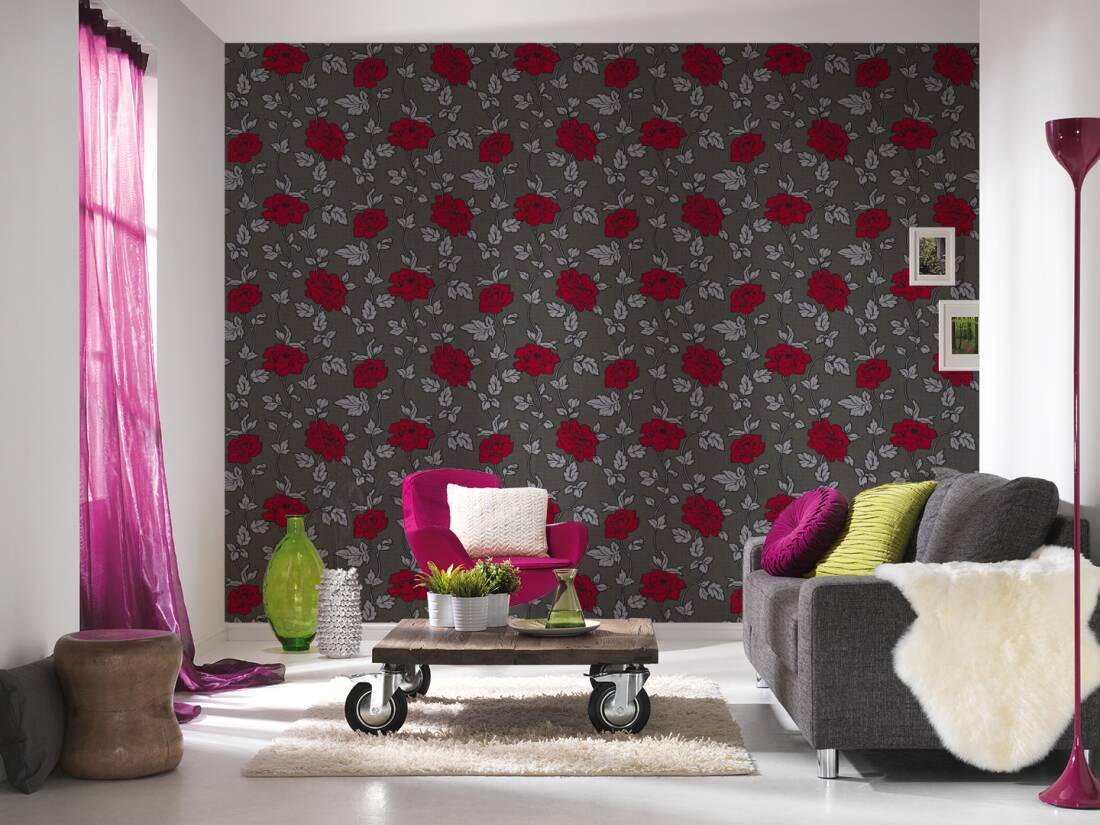 Création Wallpaper Flowers, Black, Metallic, Red, Silver - Обои 34137 6 Scandinavian Style As Creation - HD Wallpaper 