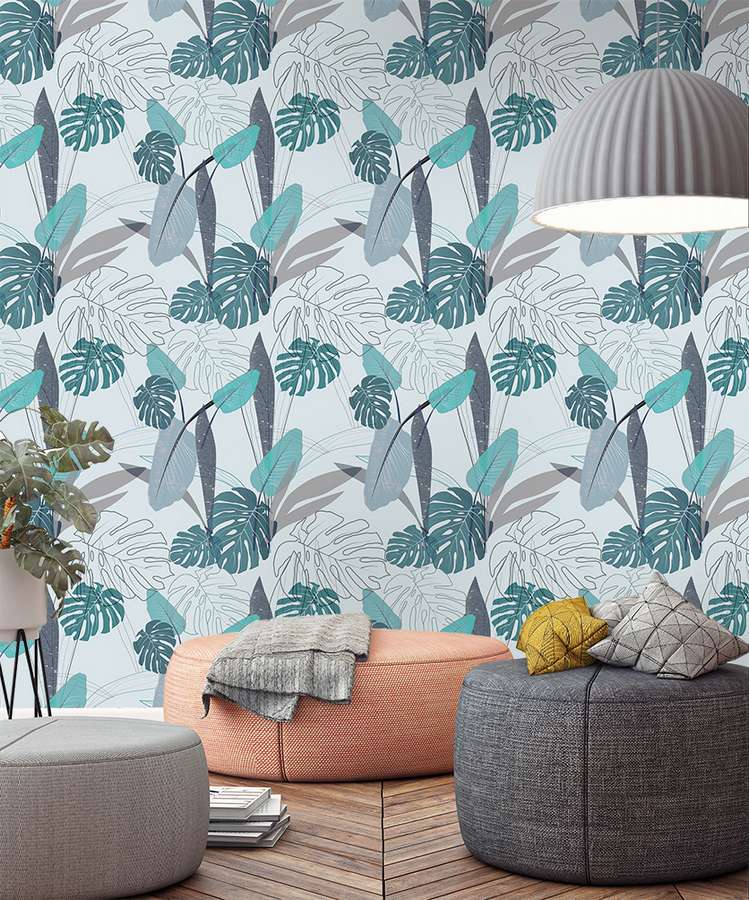 Leaves Wallpaper Mural Shades Of Blue In Living Room - Wallpaper - HD Wallpaper 