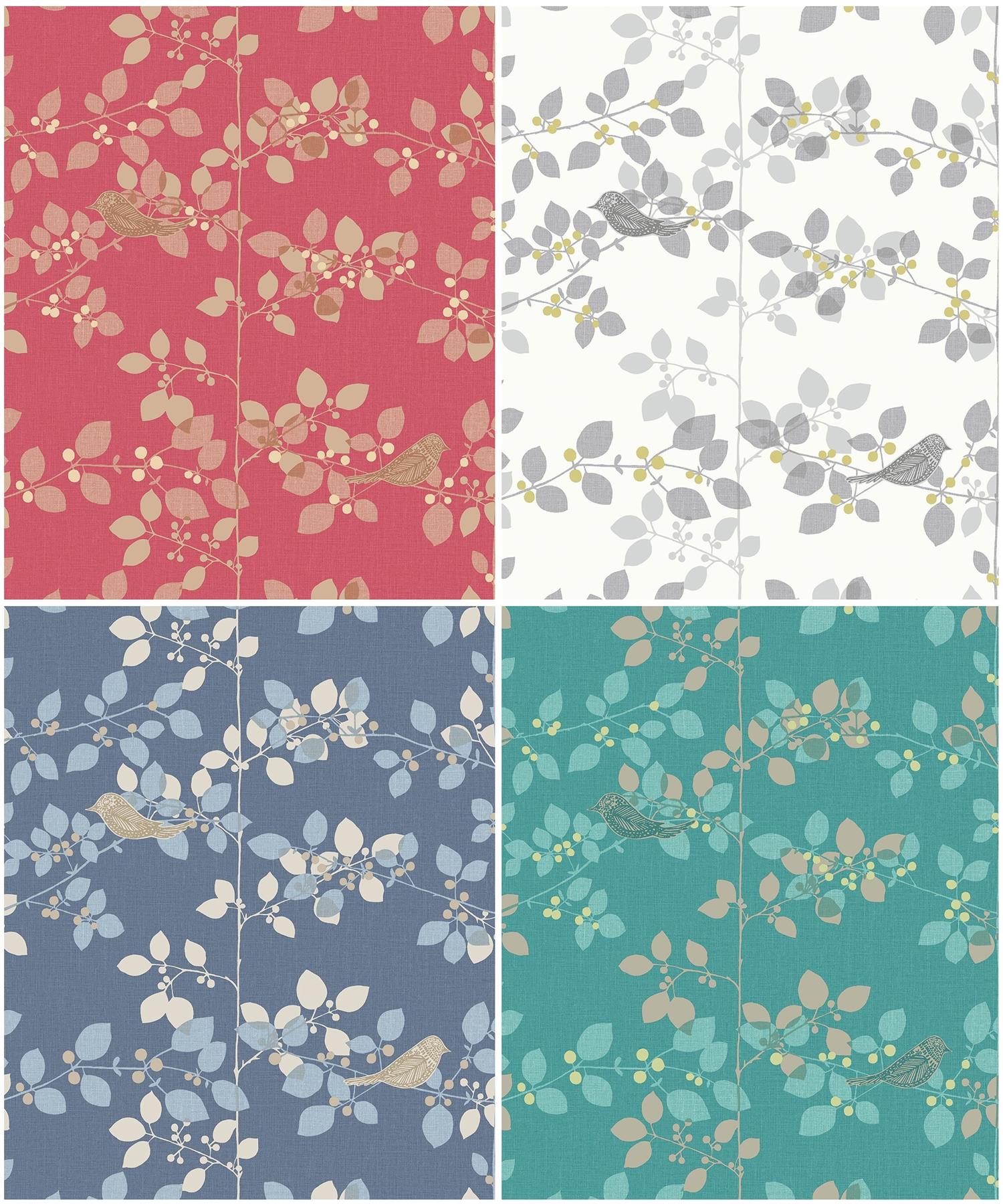 Tree Blossom Floral Wallpaper Blue Red Teal White Metallic - Rasch 206029 - HD Wallpaper 