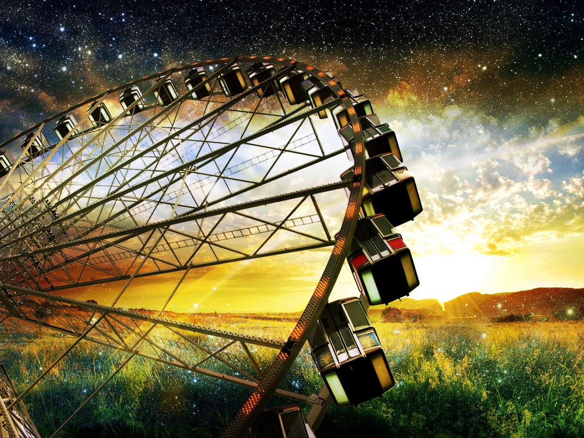 Wallpaper Sky, Stars, Field, Flowers, Wheel, Ferris - Колесо Жизни Игра - HD Wallpaper 