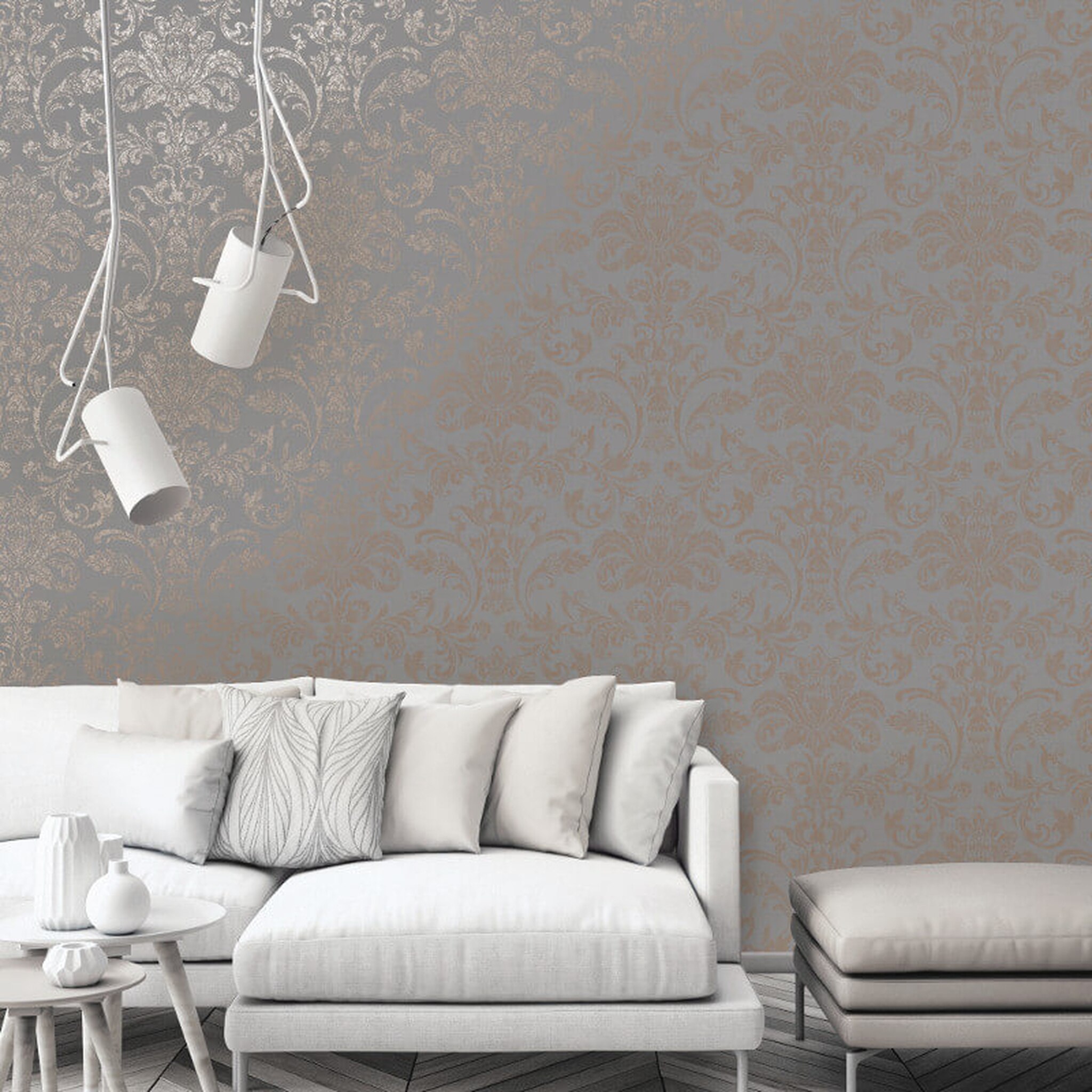 Glistening Damask - Grey/rose Gold - Grey Gold Wallpaper For Living Room - HD Wallpaper 