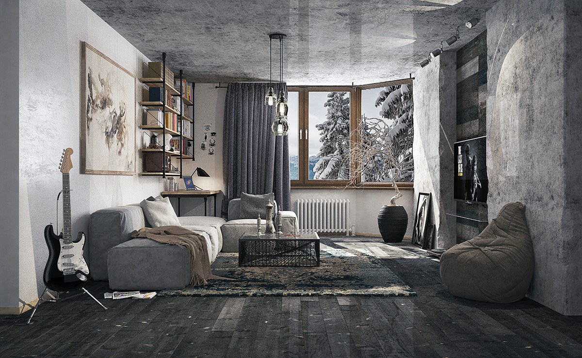 Concrete Look Living Room - HD Wallpaper 