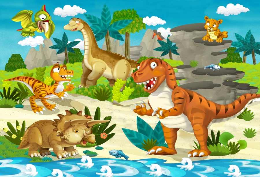 Laeacco Dinosaur Birthday Party Baby Cartoon Wallpaper - Dinosaur Cartoon  Wallpaper Hd - 900x613 Wallpaper 