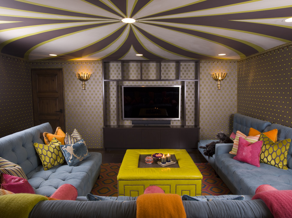 Media Room Ideas Family Room Eclectic With Accent Color - Cover A Basement Ceiling With Fabric - HD Wallpaper 