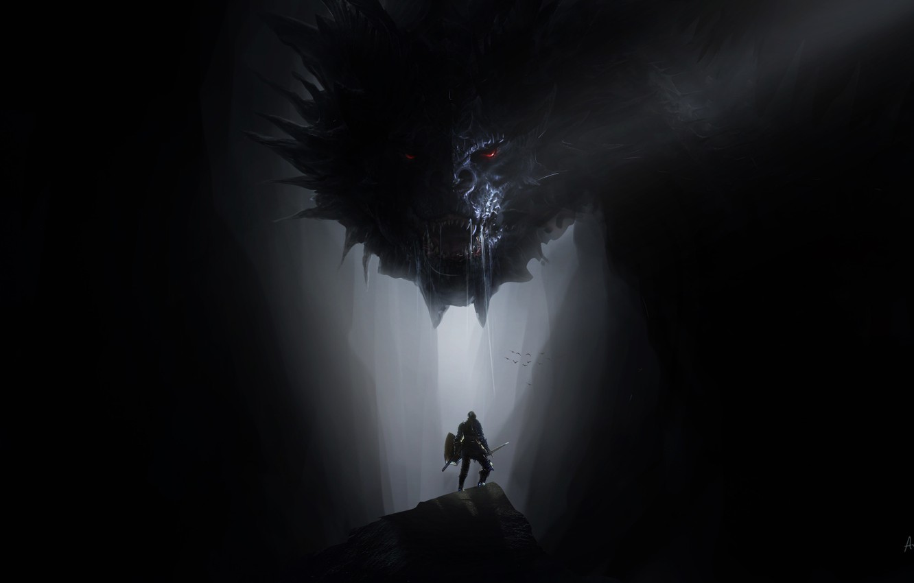 Photo Wallpaper Dragon, Monster, Cave, Fantasy, Dragon, - Knight In Cave - HD Wallpaper 