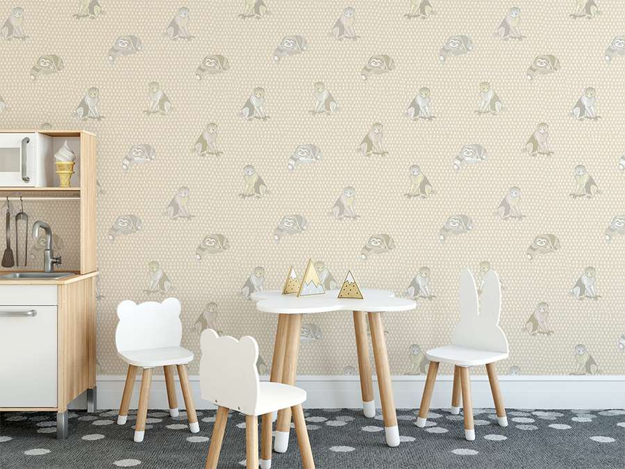 Sloth Wallpaper Mural Beige In Children S Room - Grey Polka Dot Wall - HD Wallpaper 