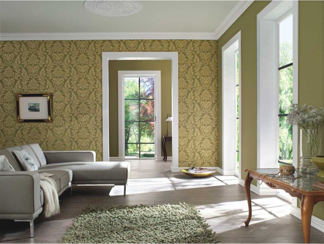 Trianon Baroque Green Gold Wallpaper 513646 - Gold Wallpaper Designs For Living Room Wall - HD Wallpaper 
