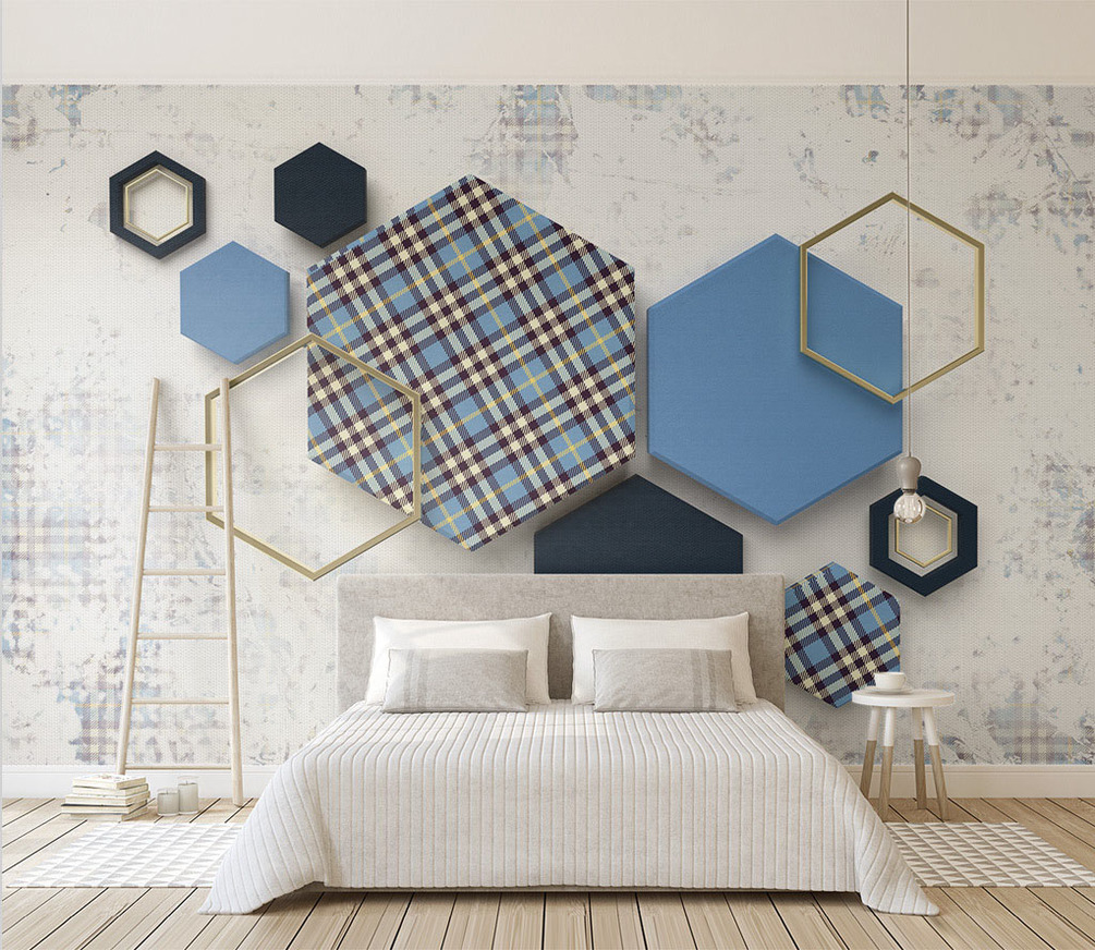 Wall Mural Pattern, Plaid And Blue - Decor Above Bed - HD Wallpaper 