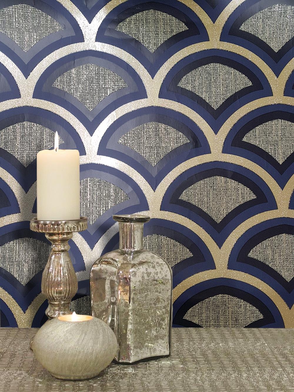 Retro Arch Fan Geometric Wallpaper Vinyl Black Blue - Black Silver Art Deco - HD Wallpaper 