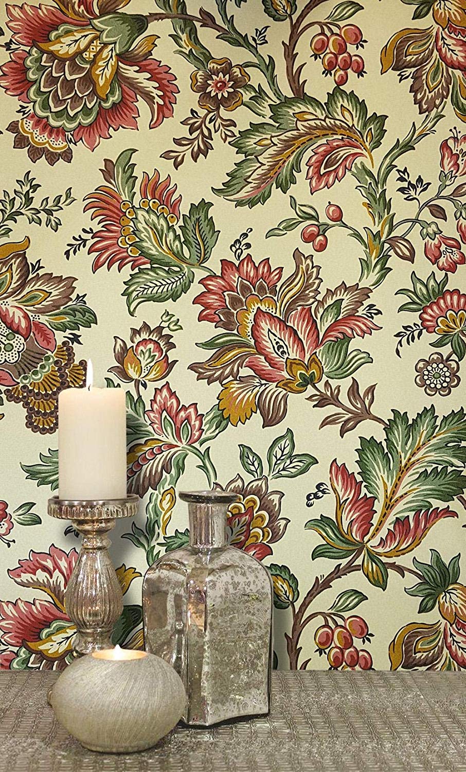 Home, Furniture & Diy Duck Egg Blue White Metallic - Floral Trail Wallpaper Flowers Berries Cream Red Green - HD Wallpaper 
