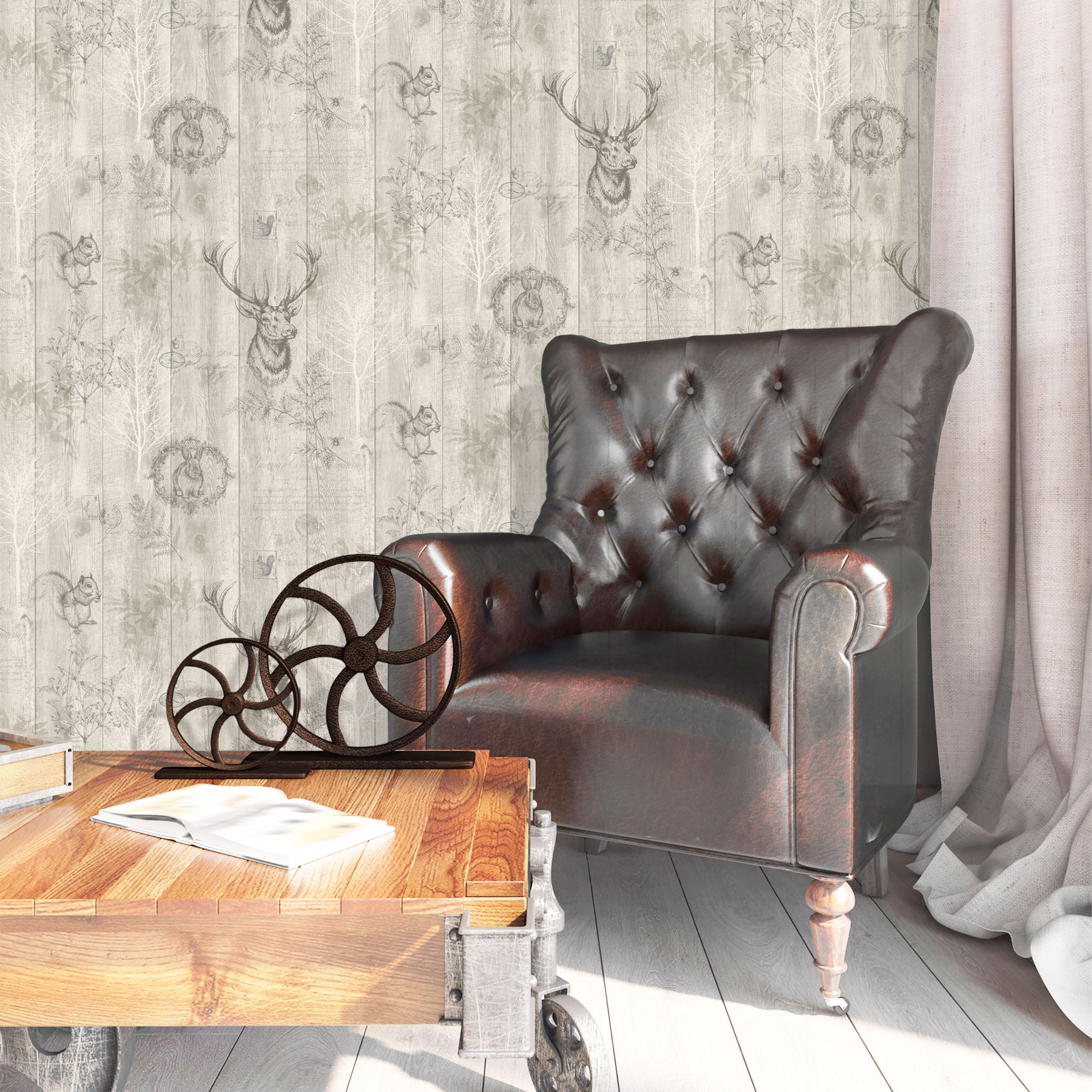 Stag Wood Panel Wallpaper Wooden Effect Grains Animal - Holden Decor Stag Wood Panel Grey - HD Wallpaper 