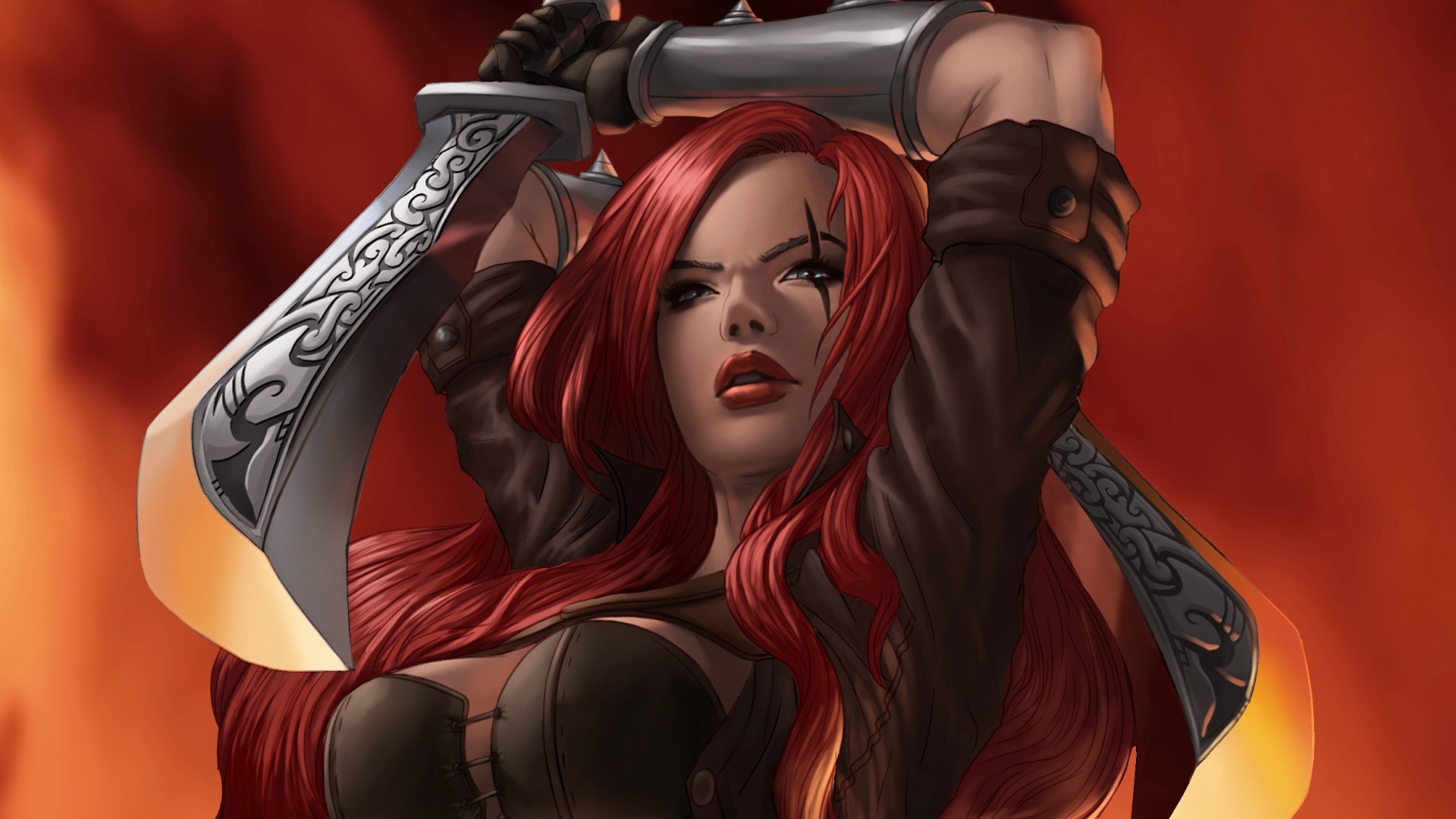Wallpaper League Of Legends Long Hair Katarina, Sword - Katarina League Of Legends Fanart - HD Wallpaper 