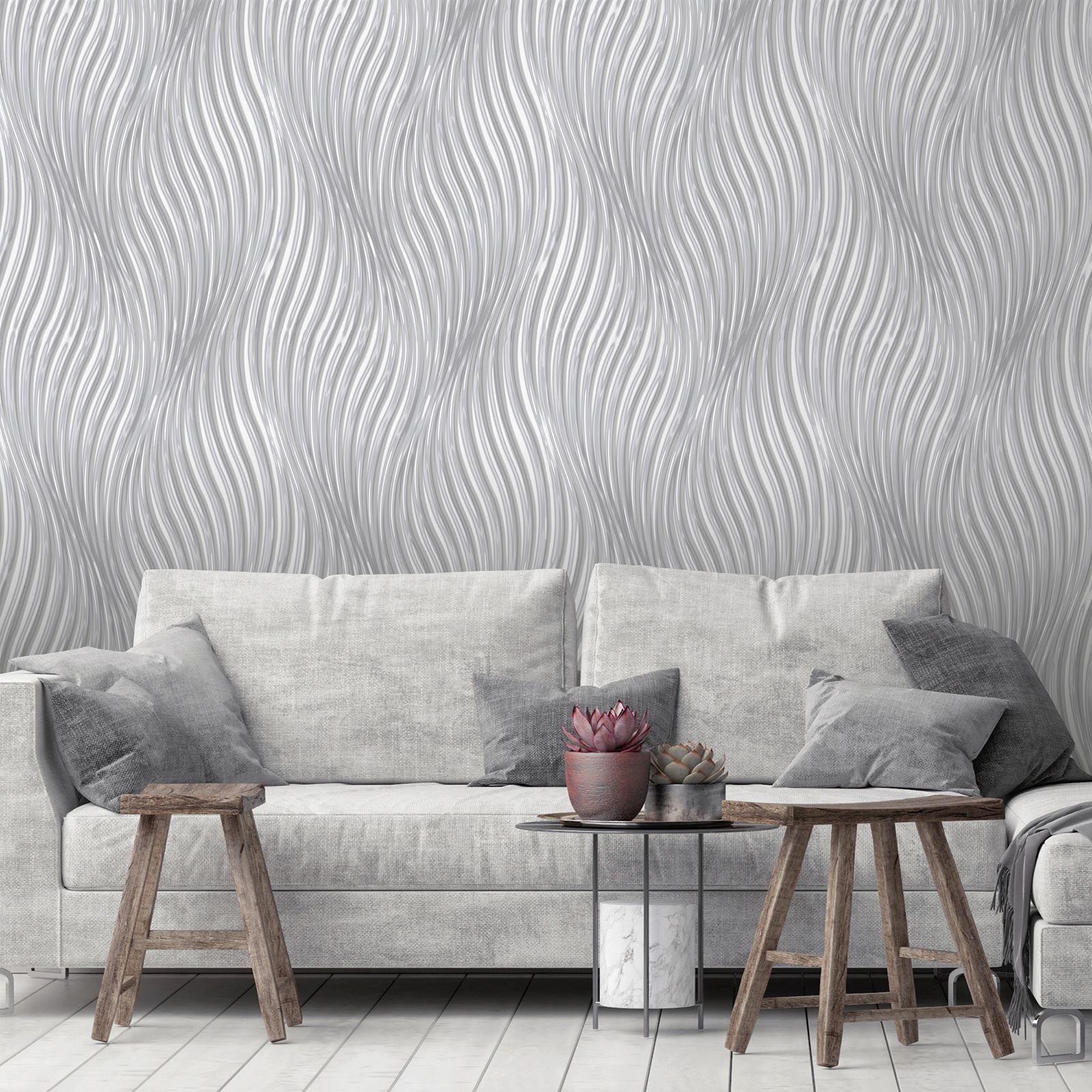 Debona Waves Geometric Wallpaper Light Reflecting Sheen - Papier Peint Gris Blanc Géométrique - HD Wallpaper 