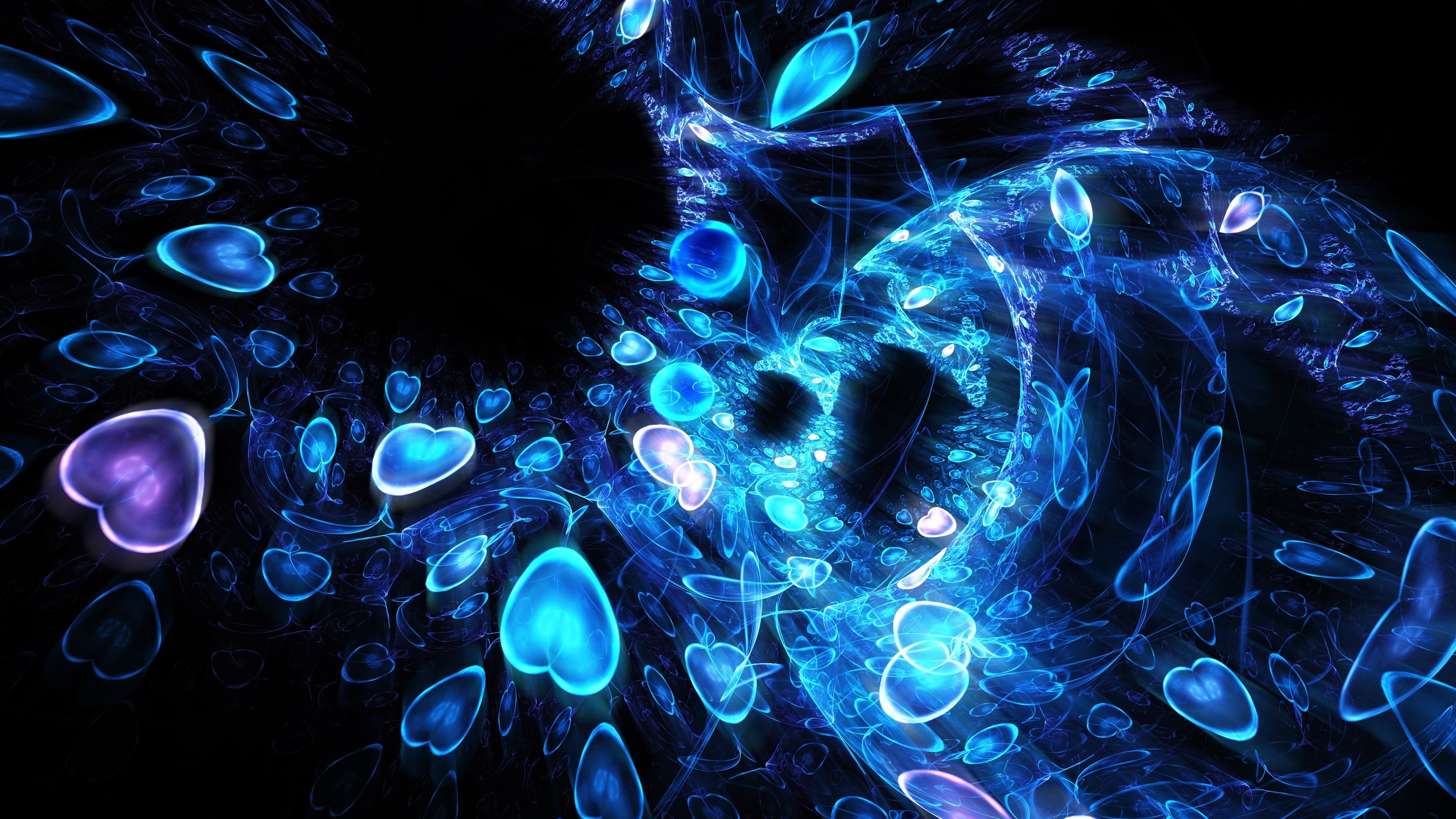 Wallpaper Abstract Shapes, Love Hearts, Blue - Neon 4k Fractal