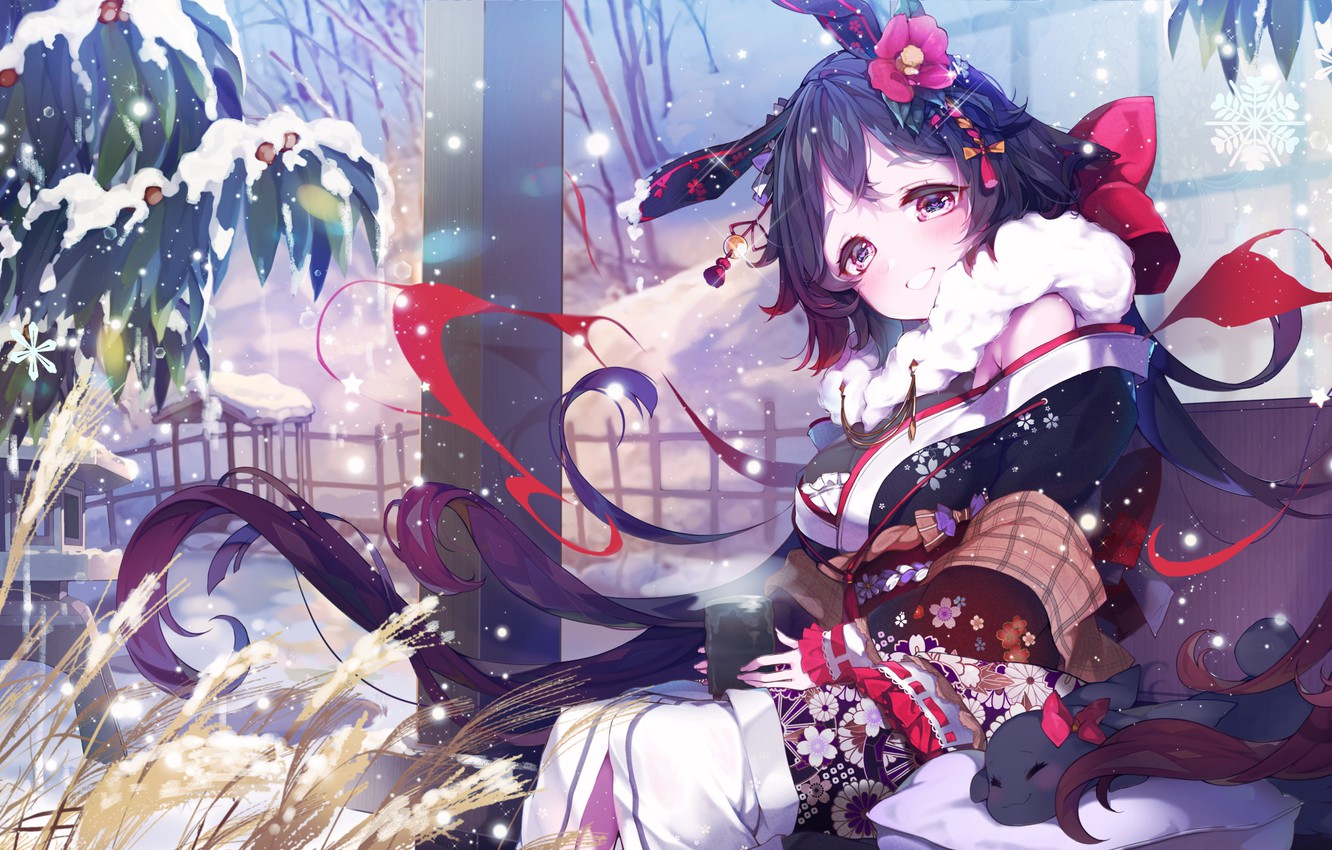 Photo Wallpaper Winter, Girl, Flower, Decoration, Anime, - Girls Anime In Yukata - HD Wallpaper 