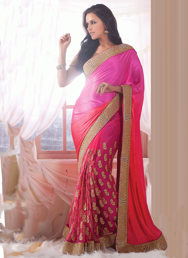 Red Pink Georgette Sarees - HD Wallpaper 