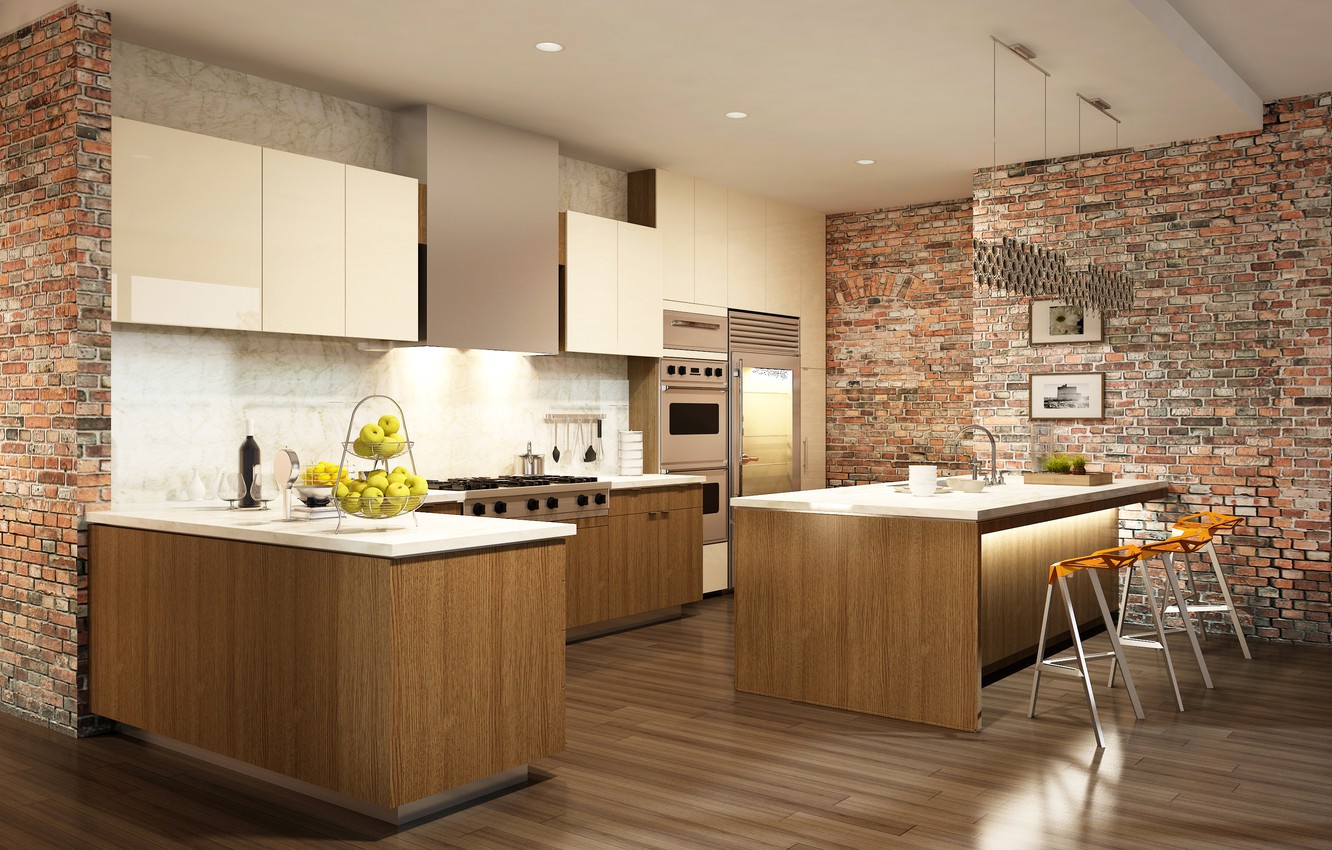 Photo Wallpaper Wall, Apples, Furniture, Brick, Kitchen, - Вся Кухня Обои Кирпич - HD Wallpaper 