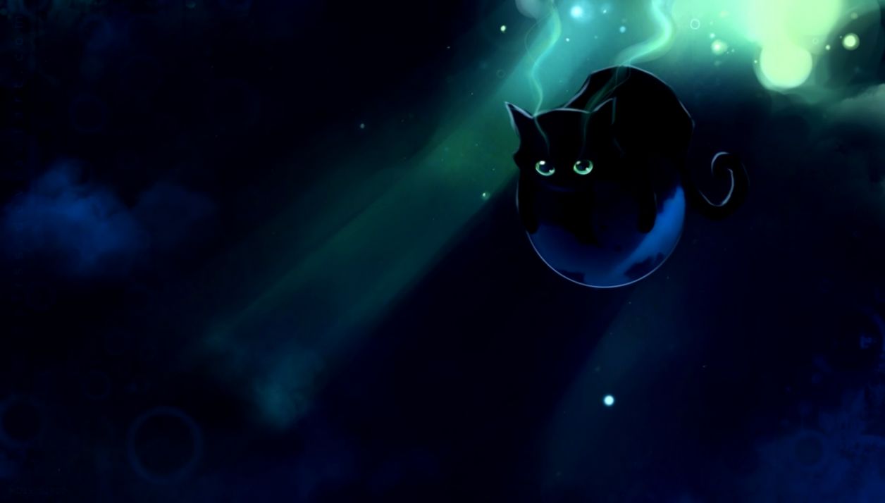 Wallpapers Cartoon Black Cat Ball Kitty Kitty Meow - Black Cat Fantasy Art - HD Wallpaper 