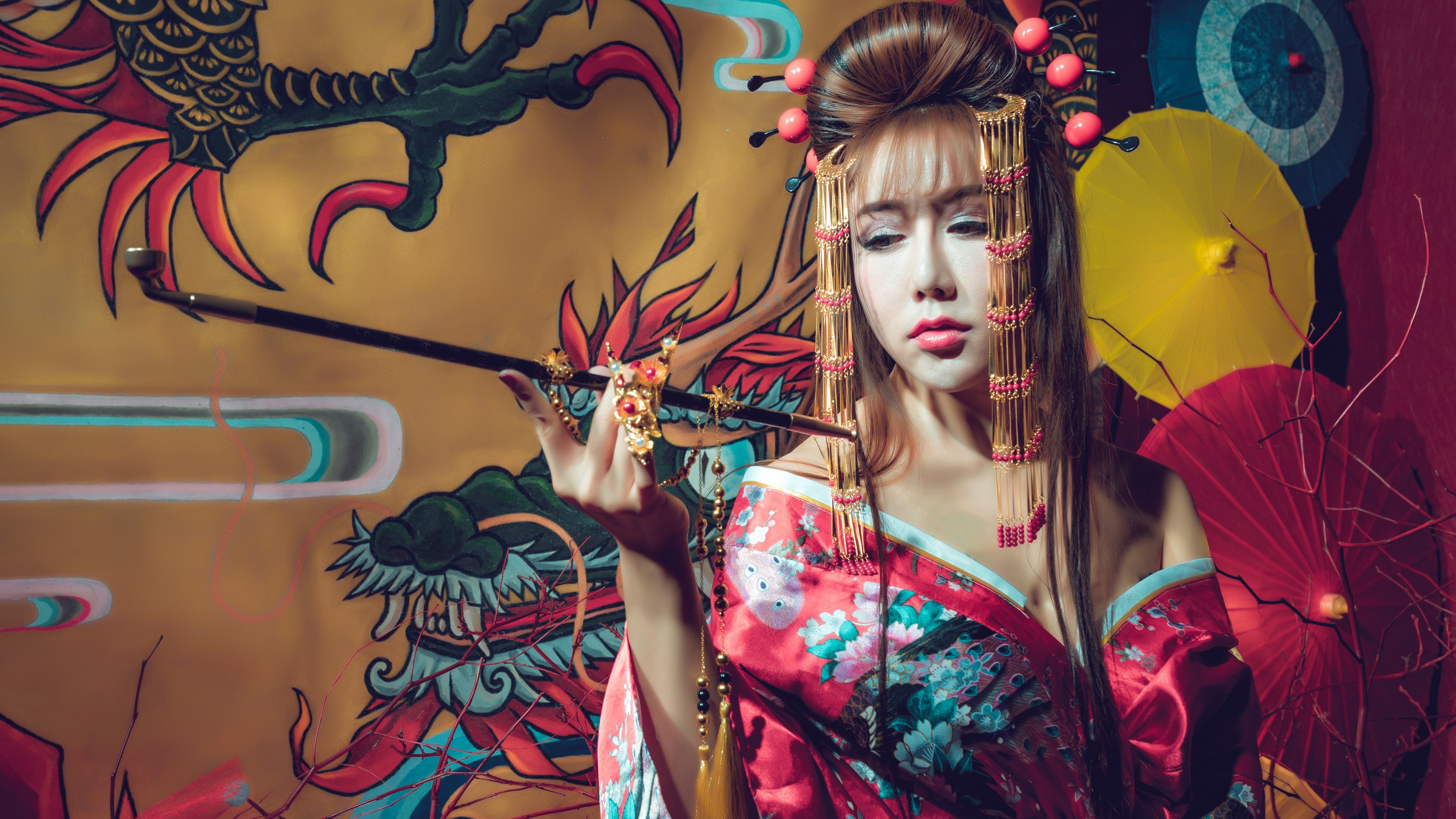 Wallpaper Japanese Girl, Kimono, Smoke, Umbrella - Japoneses Girl Wallpaper 4k - HD Wallpaper 