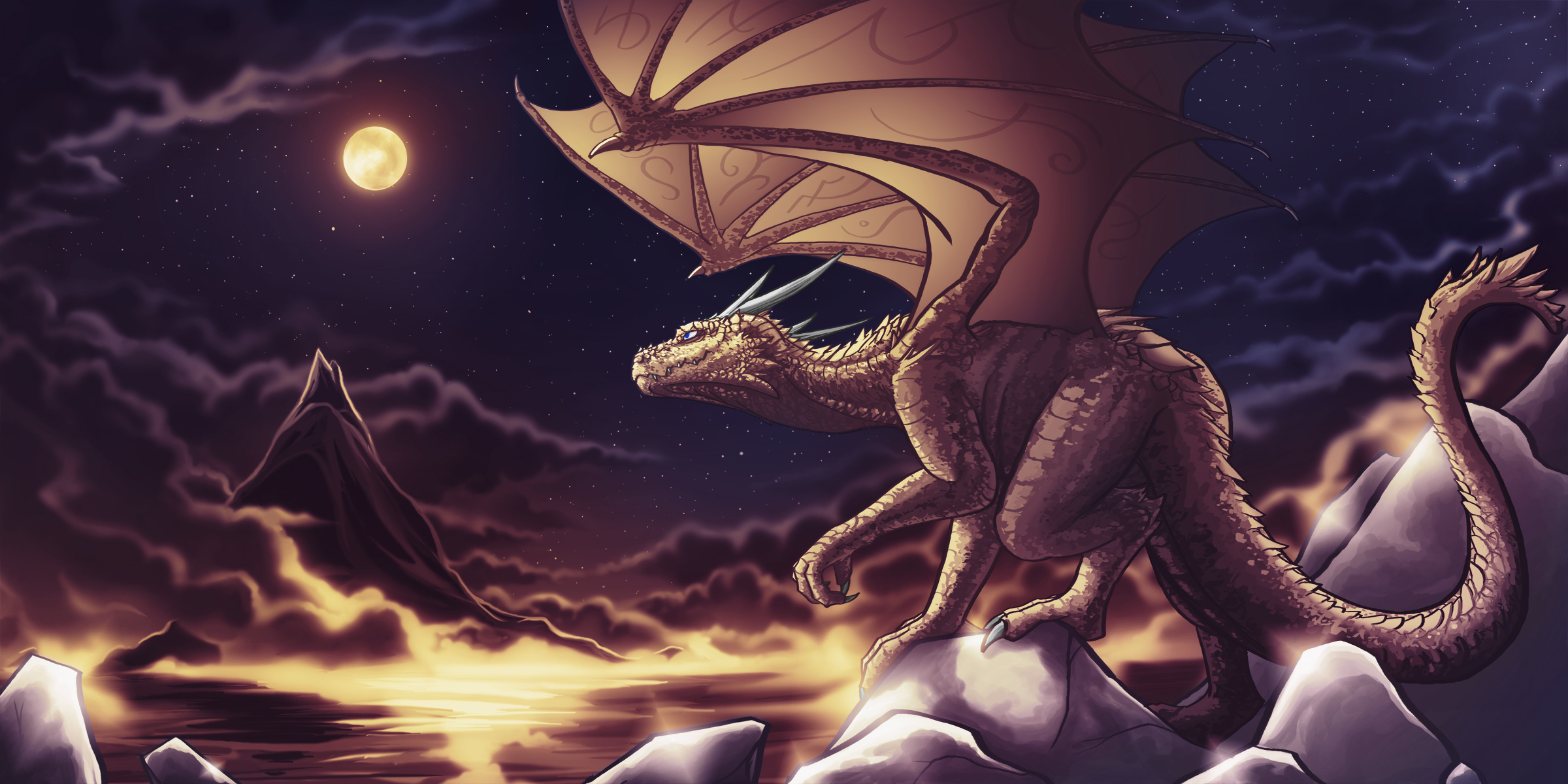 Wallpaper Dragon, Clouds, Art, Mountains, Sky, Nighttime - Cute Dragon - HD Wallpaper 