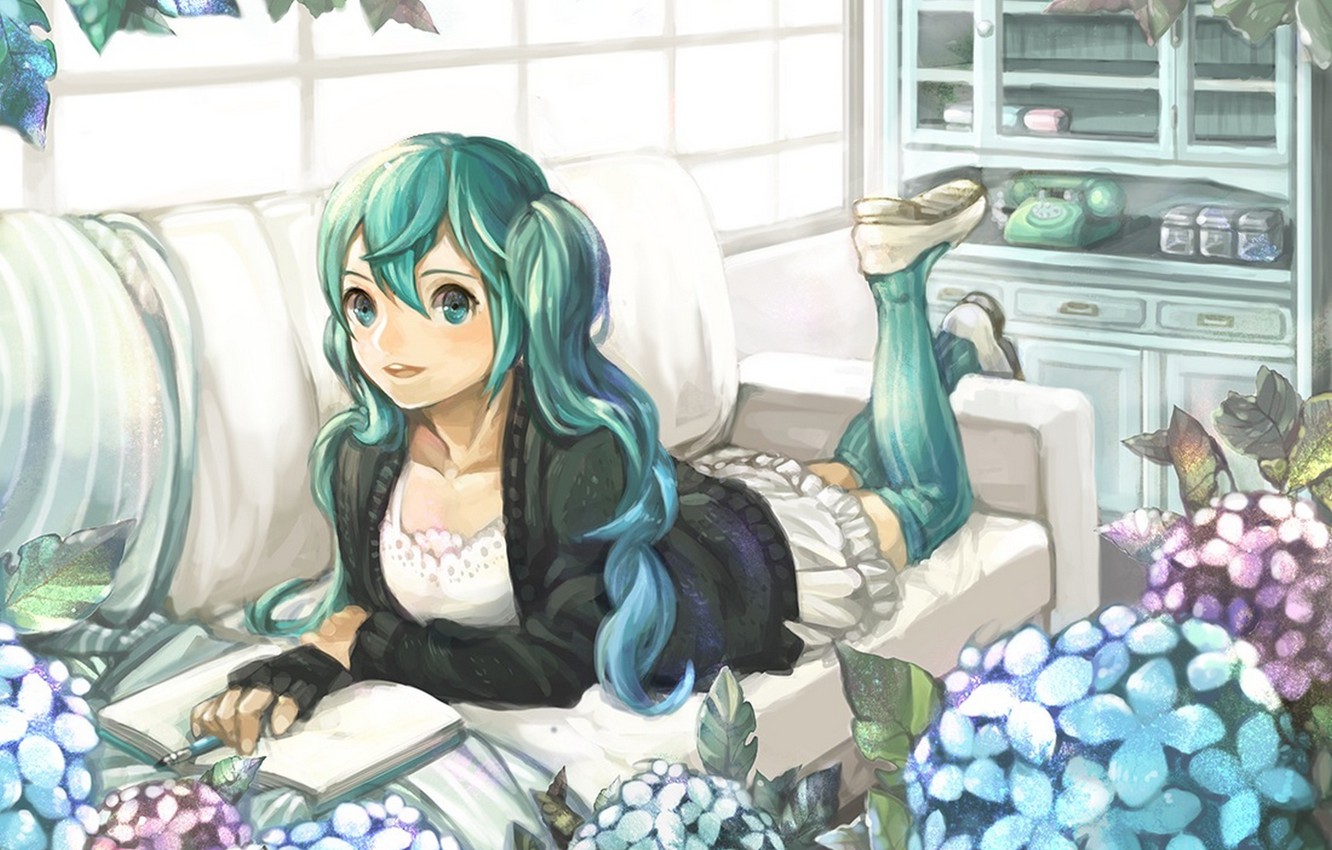 Photo Wallpaper Leaves, Girl, Flowers, Room, Art, Book, - Hatsune Miku - HD Wallpaper 