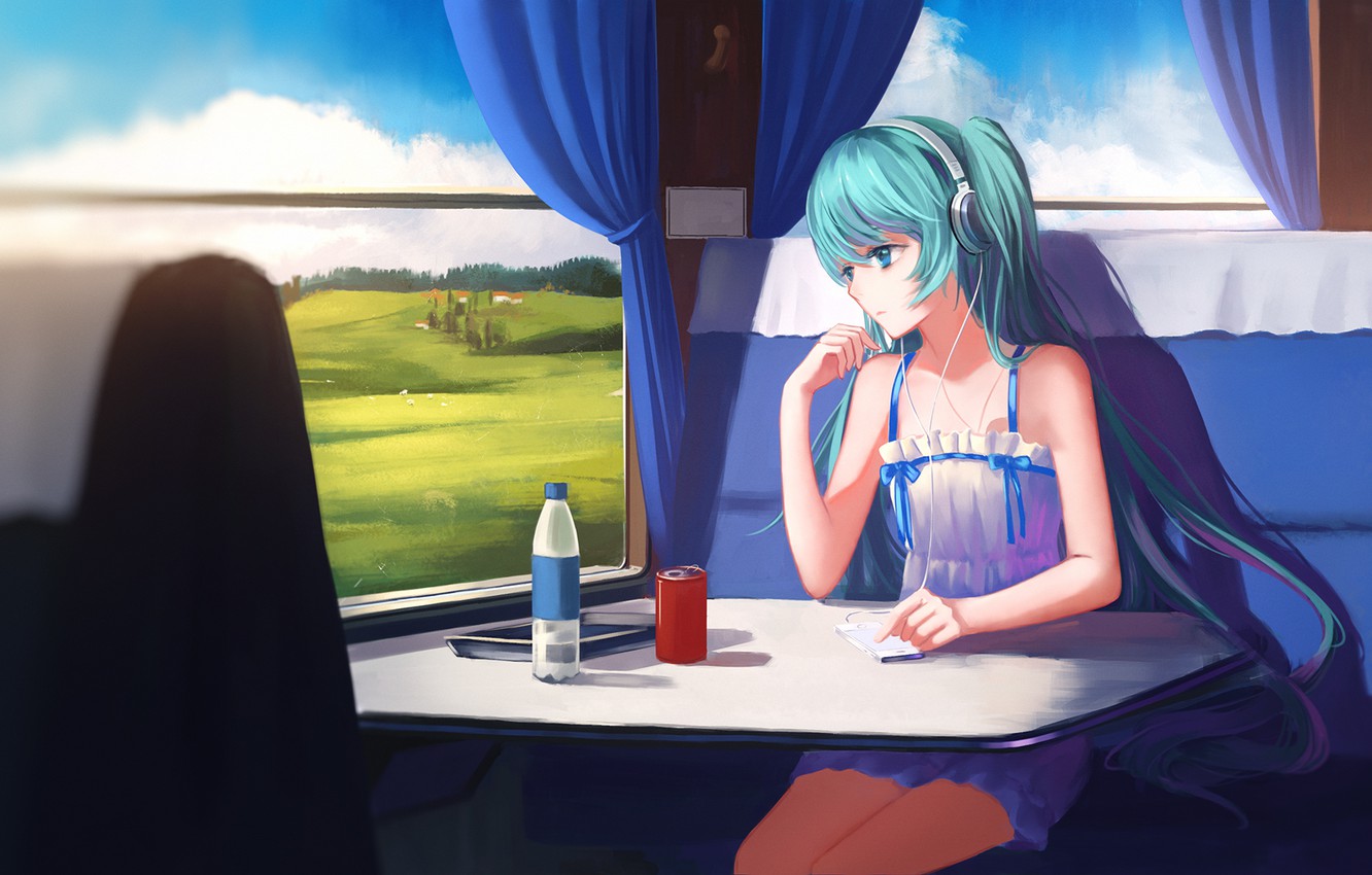 Photo Wallpaper Water, Girl, Landscape, Train, Anime, - Girls In Train Anime - HD Wallpaper 