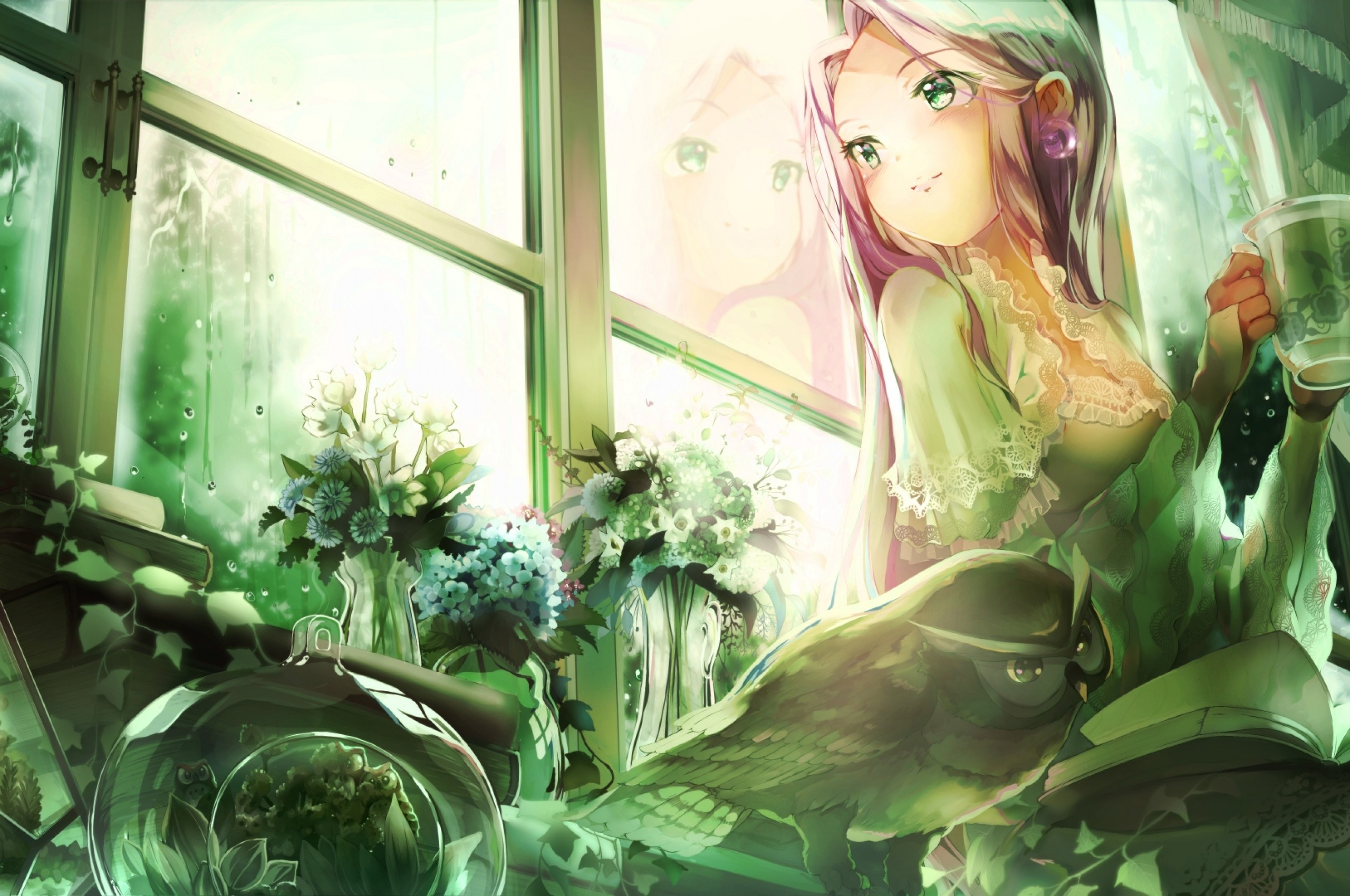 Anime Girl, Owl, Looking Away, Green Eyes, Cute, Flowers, - Green Eyed Anime Girl - HD Wallpaper 